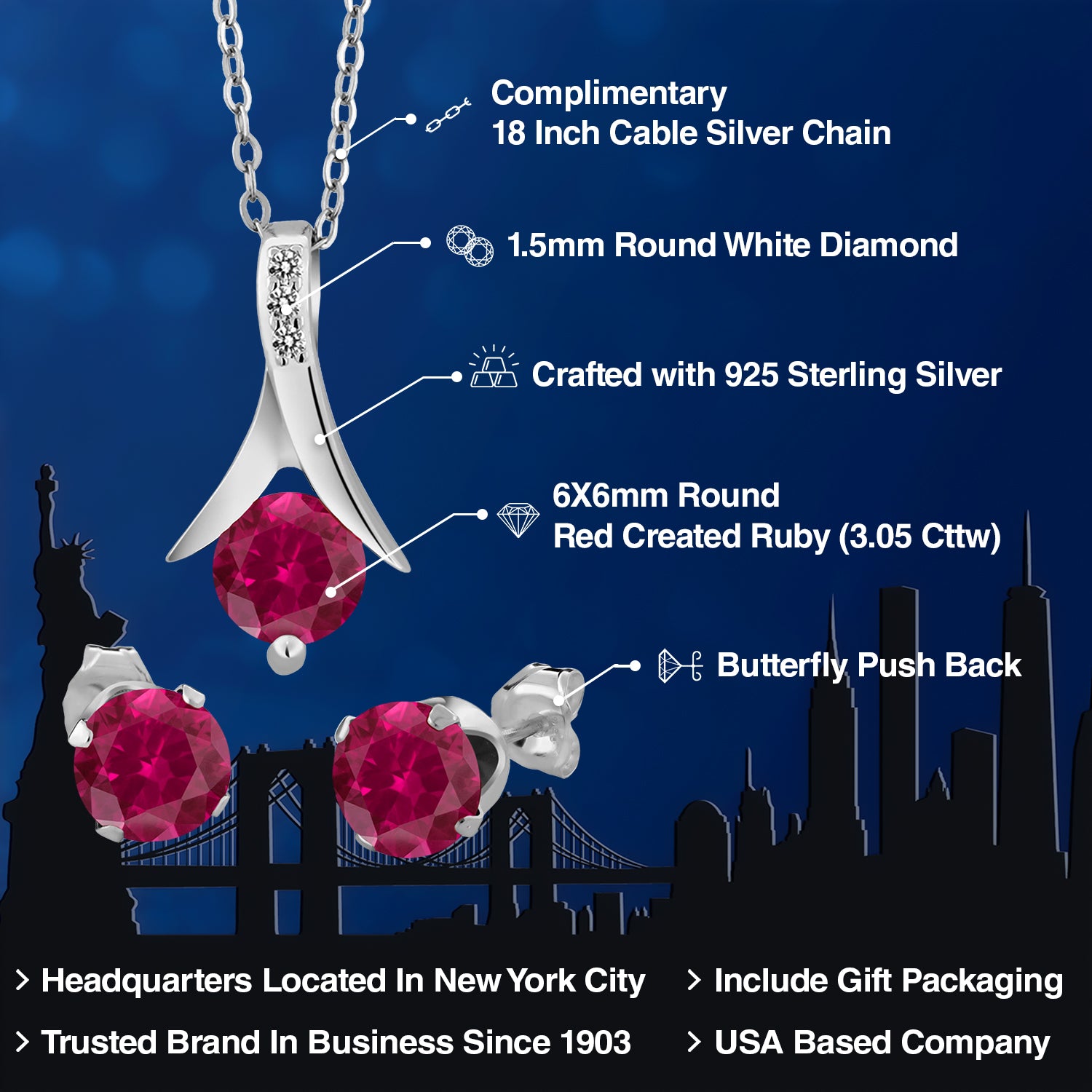 925 Sterling Silver Red Created Ruby and White Diamond Pendant and Earrings Jewelry Set For Women (3.05 Cttw, with 18 Inch Silver Chain)