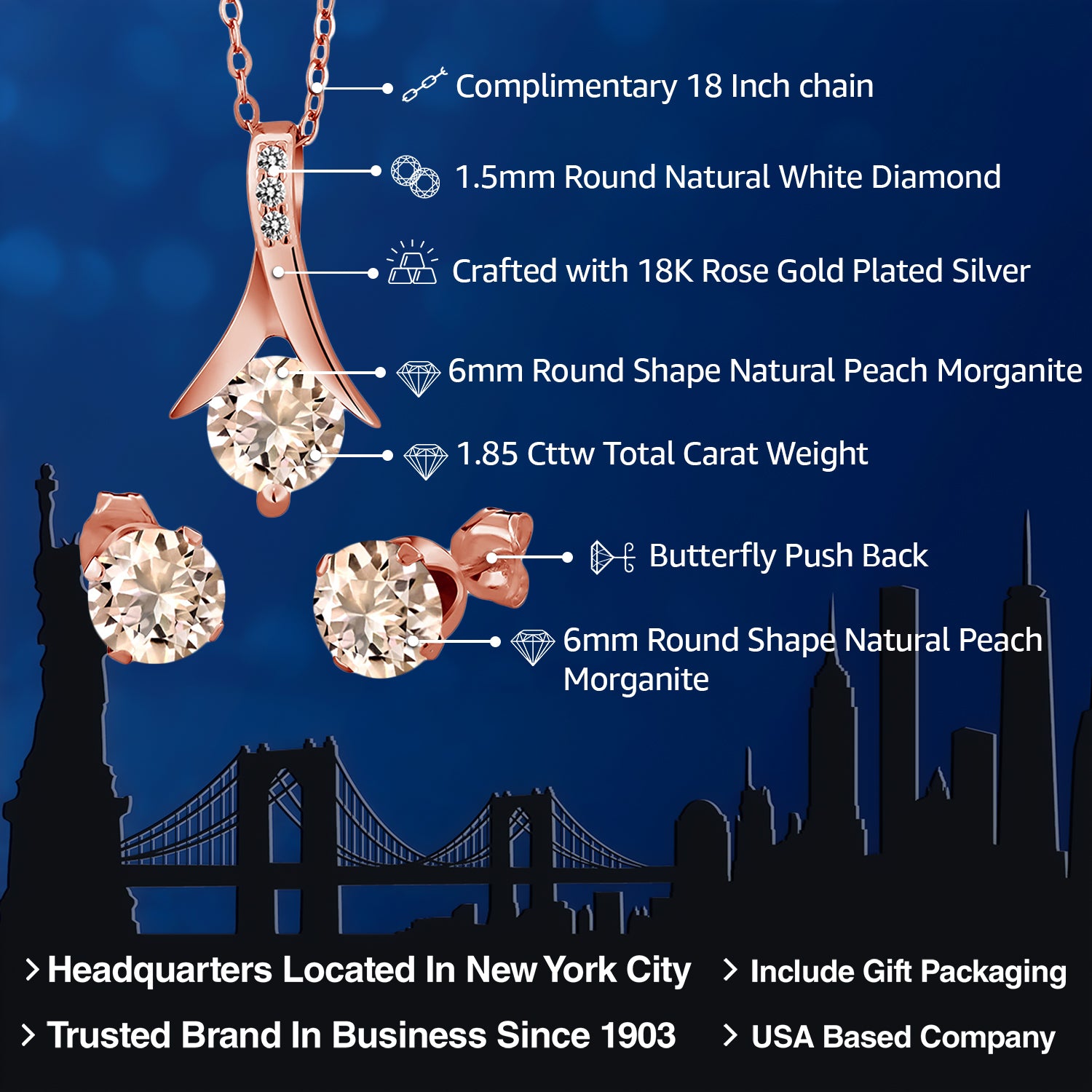 Pendant Earrings Set in 925 Rose Gold Plated Silver