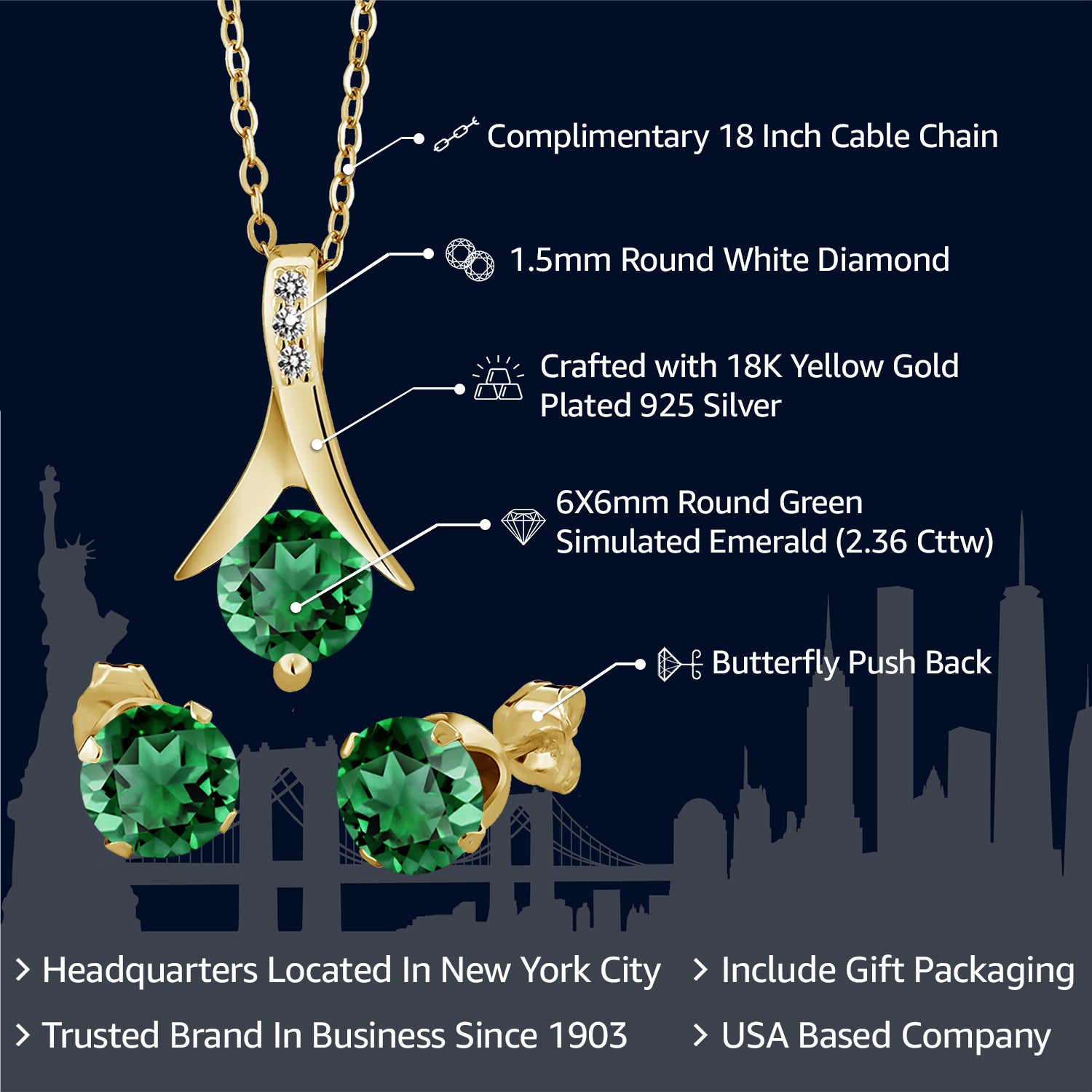 Pendant Earrings Set in 925 Yellow Gold Plated Silver