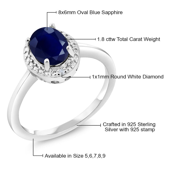 925 Sterling Silver Blue Sapphire and White Diamond Engagement Ring For Women (1.80 Cttw, Gemstone September Birthstone, Oval 8X6MM, Available In Size 5, 6, 7, 8, 9)