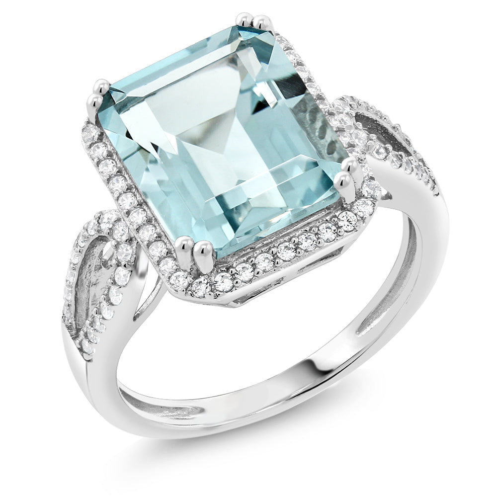 925 Sterling Silver Simulated Aquamarine Ring For Women (5.00 Cttw, Emerald Cut 12X10MM, Available In Size 5,6,7,8,9)