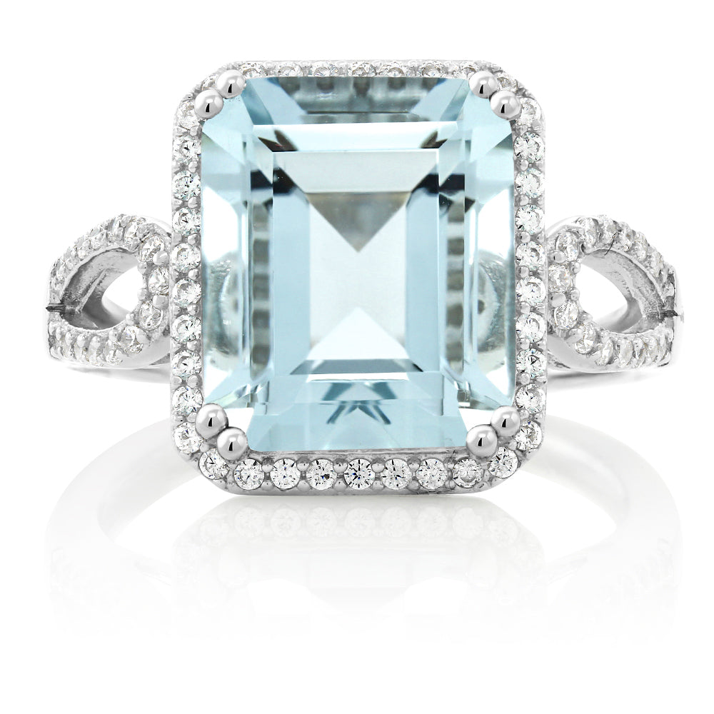 925 Sterling Silver Simulated Aquamarine Ring For Women (5.00 Cttw, Emerald Cut 12X10MM, Available In Size 5,6,7,8,9)