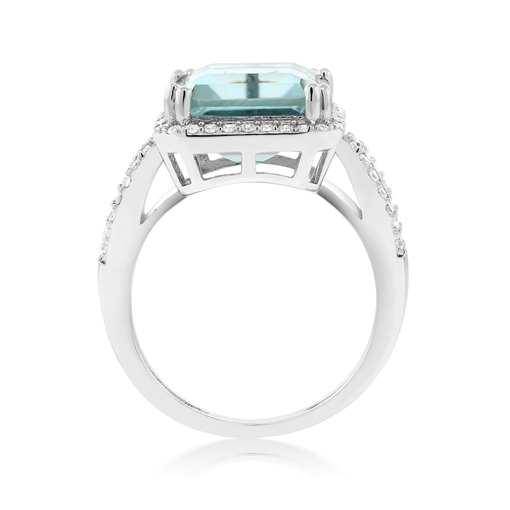 925 Sterling Silver Simulated Aquamarine Ring For Women (5.00 Cttw, Emerald Cut 12X10MM, Available In Size 5,6,7,8,9)