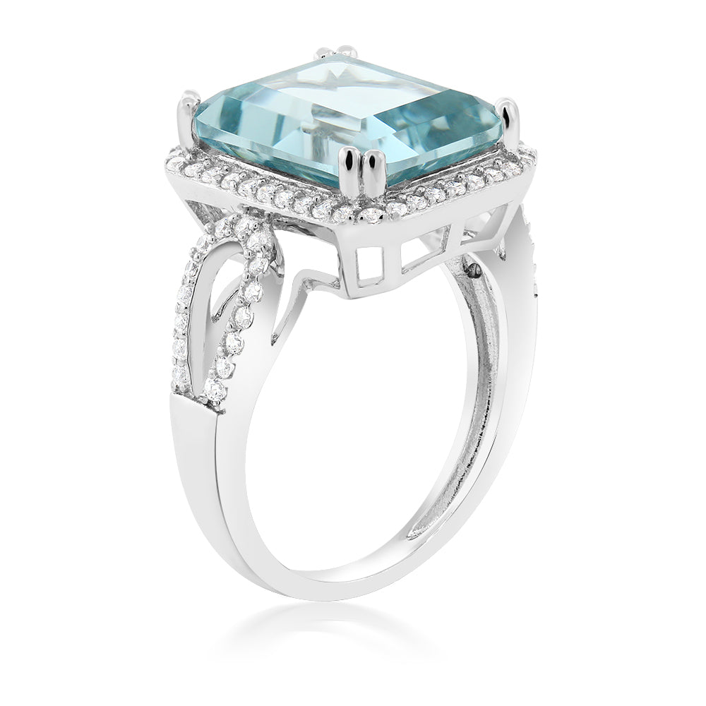 925 Sterling Silver Simulated Aquamarine Ring For Women (5.00 Cttw, Emerald Cut 12X10MM, Available In Size 5,6,7,8,9)