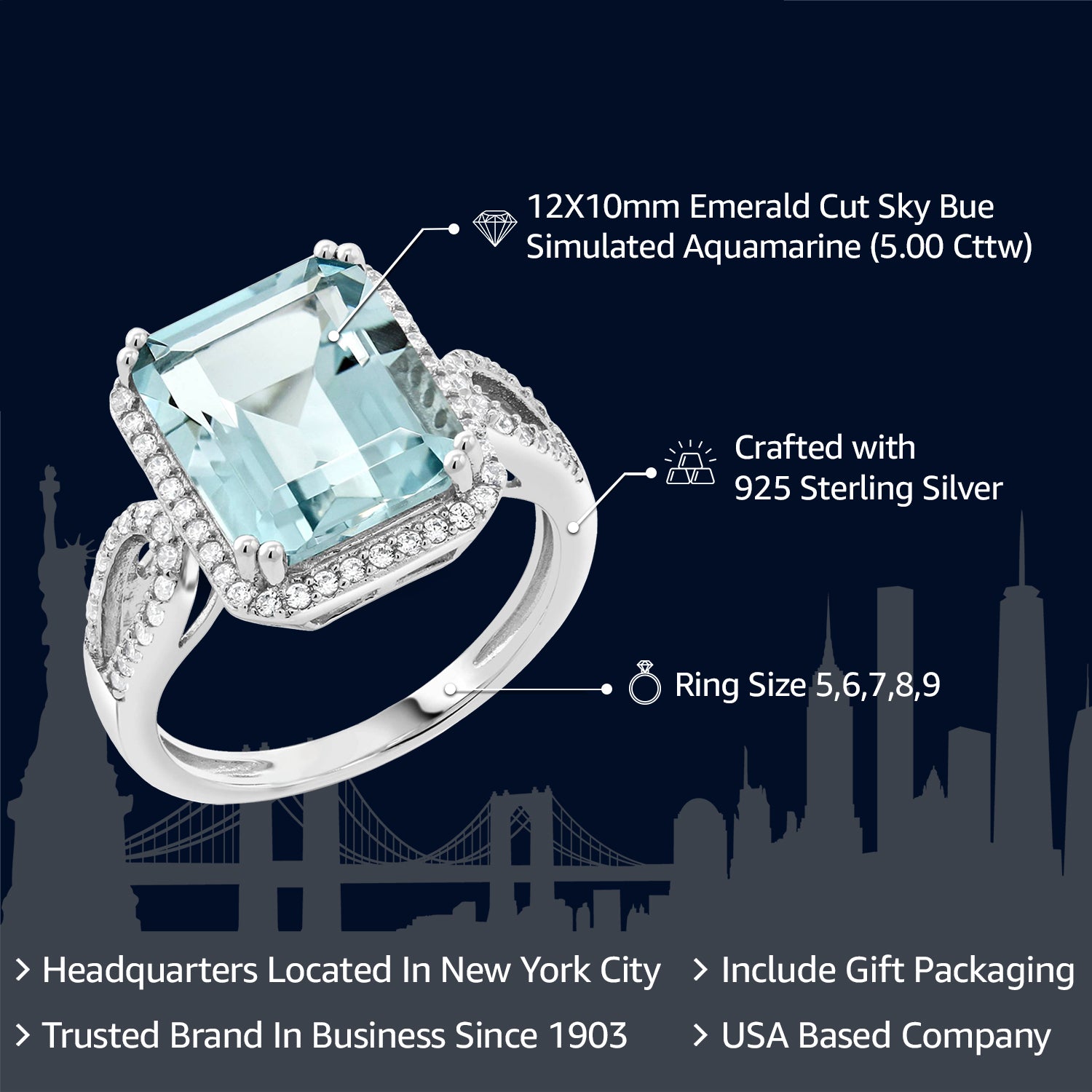 925 Sterling Silver Simulated Aquamarine Ring For Women (5.00 Cttw, Emerald Cut 12X10MM, Available In Size 5,6,7,8,9)