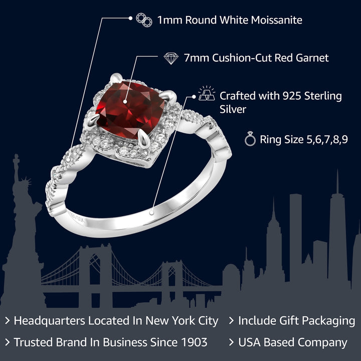 925 Sterling Silver Red Garnet and Moissanite Solitaire Ring For Women (2.19 Cttw, Cushion Cut 7MM, Gemstone, Available in Size 5, 6, 7, 8, 9)