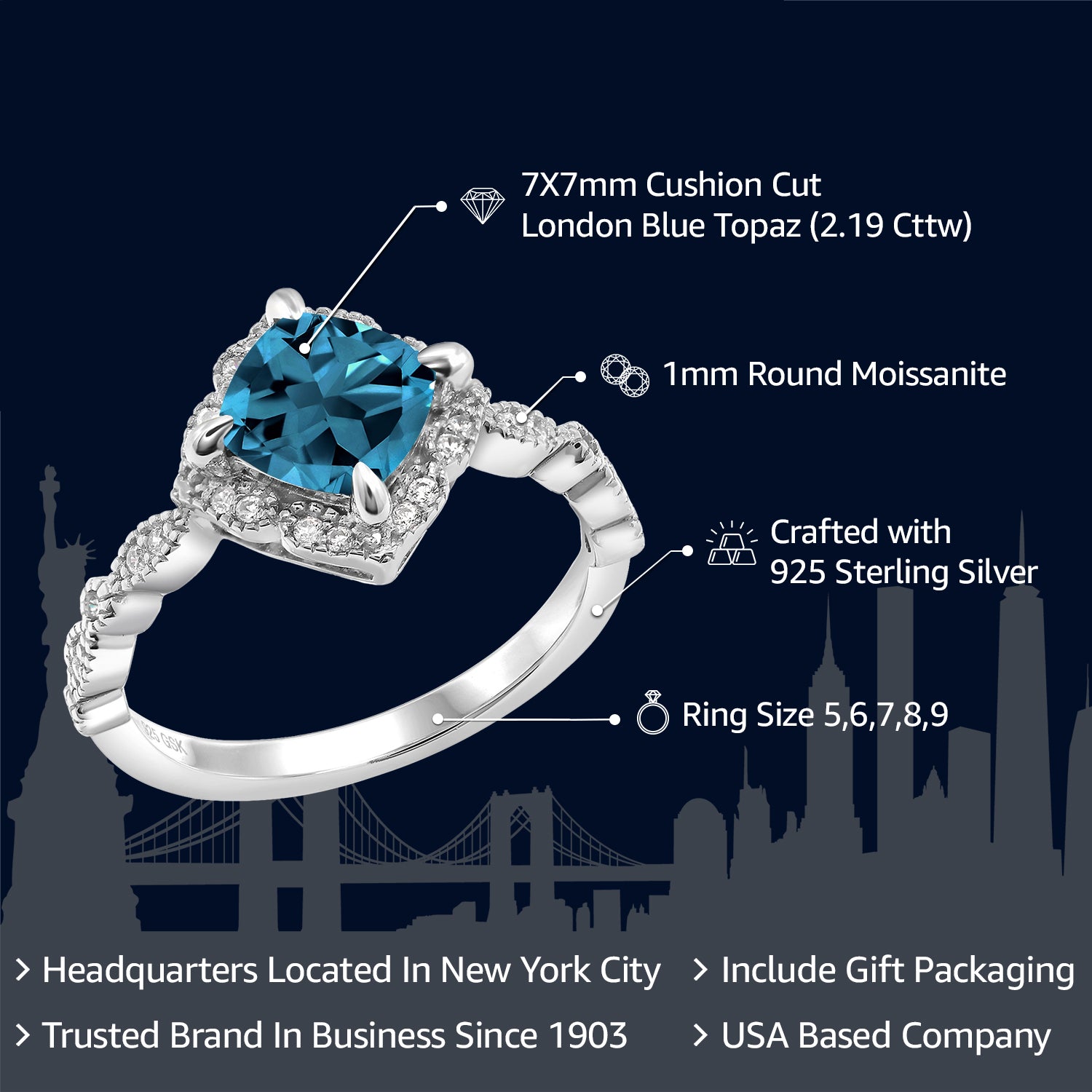 925 Sterling Silver London Blue Topaz and Moissanite Solitaire Engagement Ring For Women | 2.19 Cttw | Cushion Cut 7MM | Gemstone Birthstone | Available in Size 5, 6, 7, 8, 9