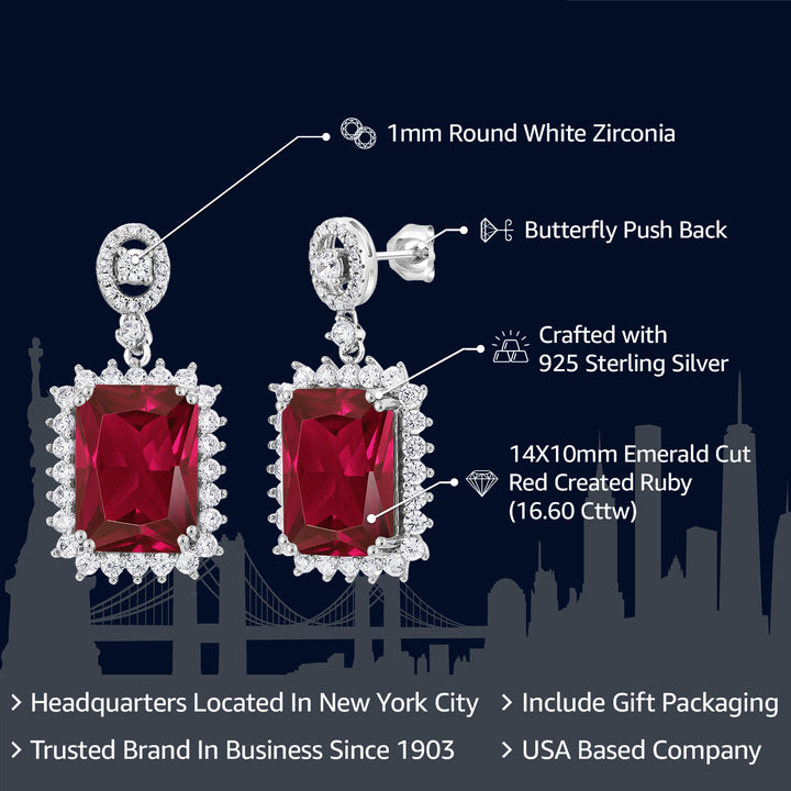 925 Sterling Silver Red Created Ruby Dangle Earrings For Women (16.60 Cttw, Gemstone July Birthstone, Emerald Cut 14X10MM)