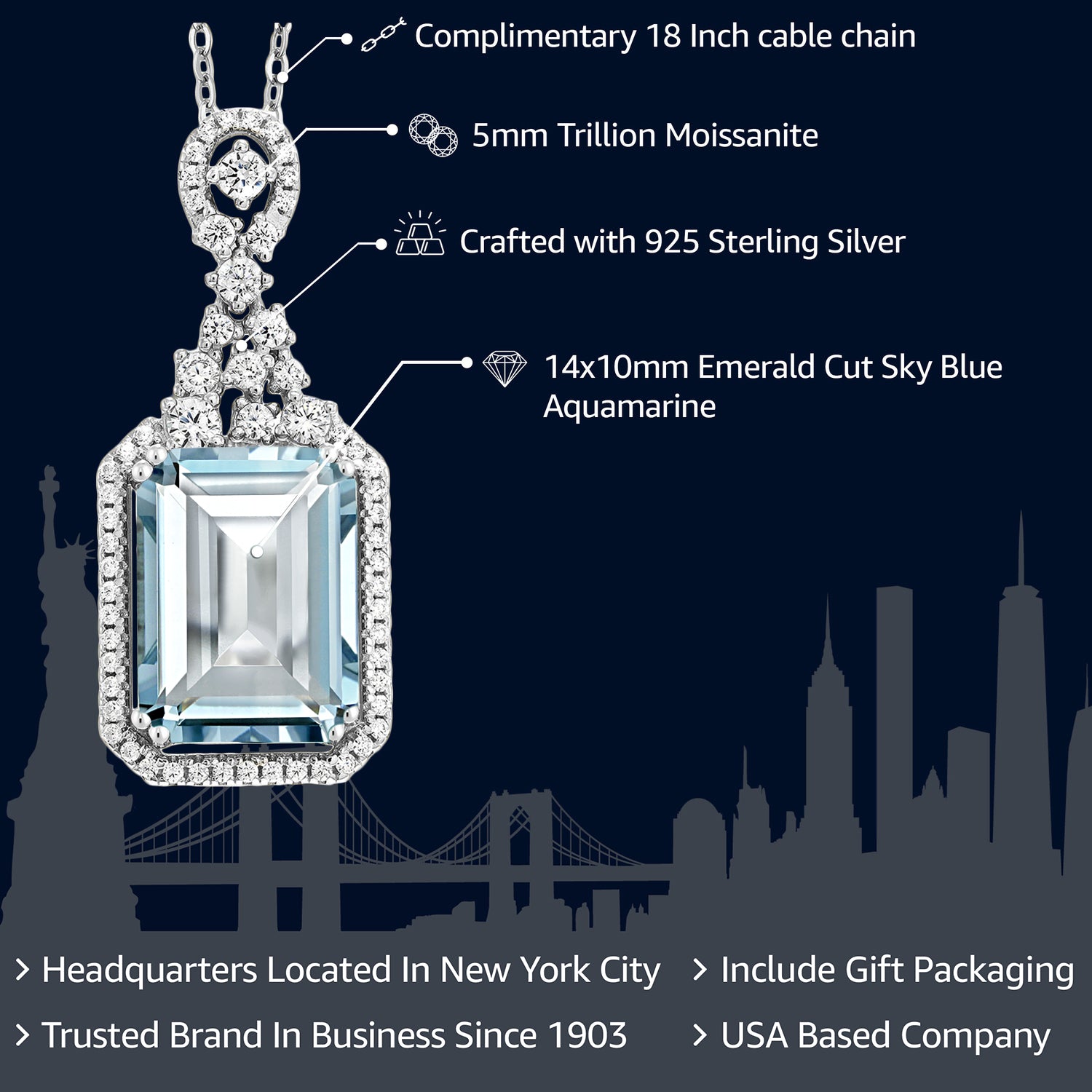 7.24 Cttw Sky Blue Simulated Aquamarine Necklace In 925 Sterling Silver | Emerald Cut 14X10MM Pendant Necklace For Women | With 18 Inch Silver Chain