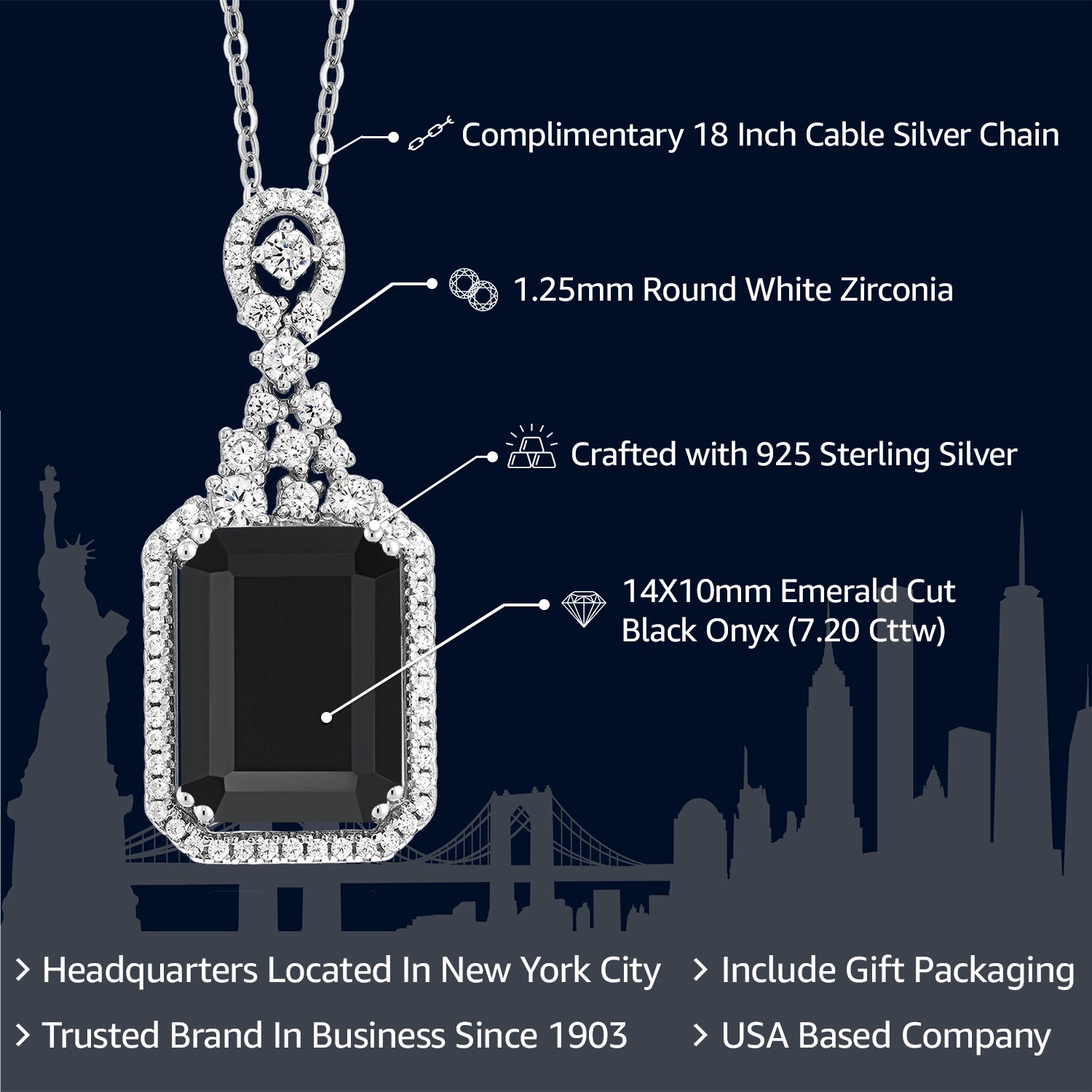 925 Sterling Silver Black Onyx Pendant Necklace For Women (7.20 Cttw, Gemstone Birthstone, Emerald Cut 14X10MM, with 18 Inch Silver Chain)