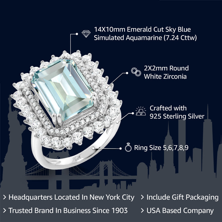 925 Sterling Silver Sky Blue Simulated Aquamarine Ring For Women (7.24 Cttw, Emerald Cut 14X10MM, Available In Size 5, 6, 7, 8, 9)