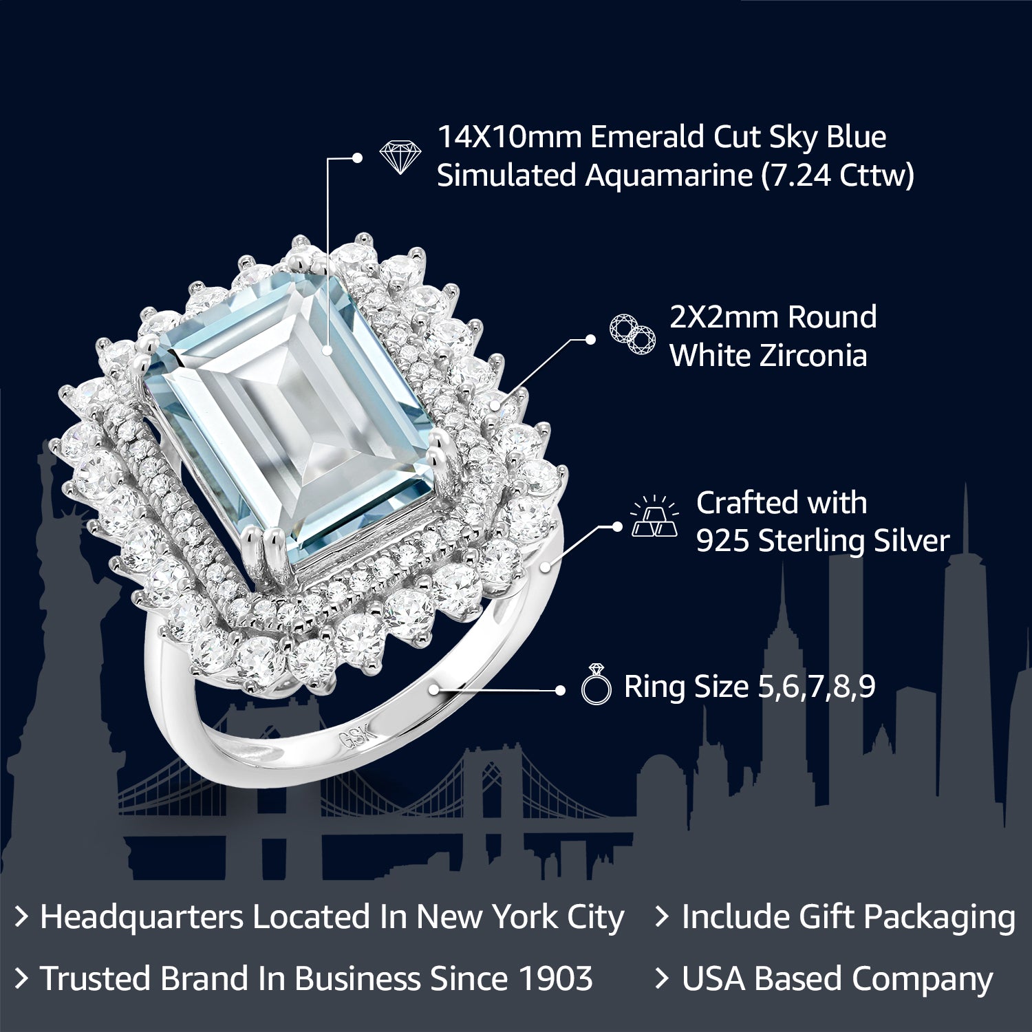 925 Sterling Silver Sky Blue Simulated Aquamarine Ring For Women (7.24 Cttw, Emerald Cut 14X10MM, Available In Size 5, 6, 7, 8, 9)