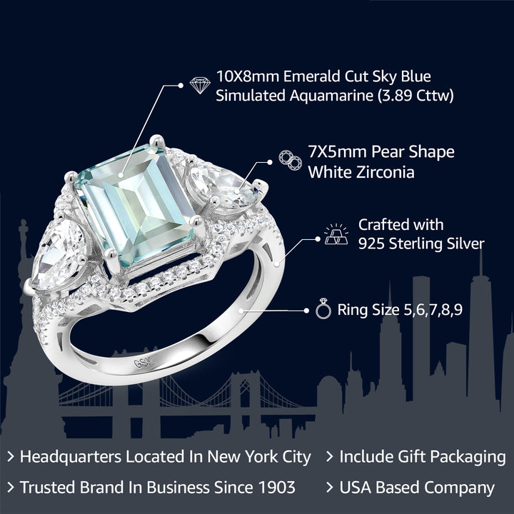 3.89 Cttw Sky Blue Simulated Aquamarine Ring For Women In 925 Sterling Silver | Emerald Cut 10X8MM | Available In Size 5, 6, 7, 8, 9