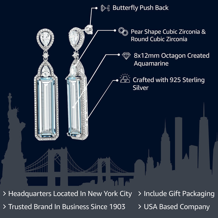 925 Sterling Silver Simulated Aquamarine Art Deco Dangle Earrings For Women (12.00 Cttw, 2 Inch)