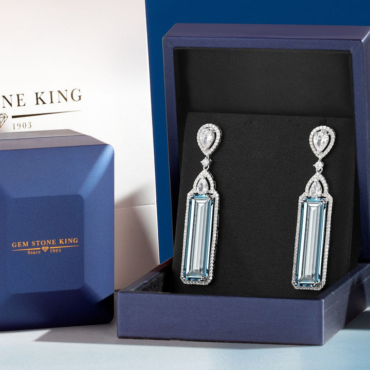 925 Sterling Silver Simulated Aquamarine Art Deco Dangle Earrings For Women (12.00 Cttw, 2 Inch)