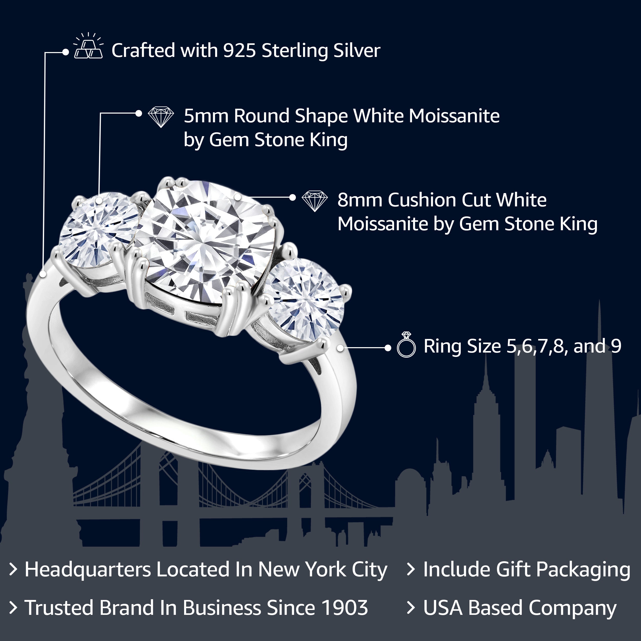 925 Sterling Silver White Moissanite 3 Stone Engagement Ring For Women (3.40 Cttw, Gemstone, Cushion 8MM, Available in Size 5,6,7,8,9)