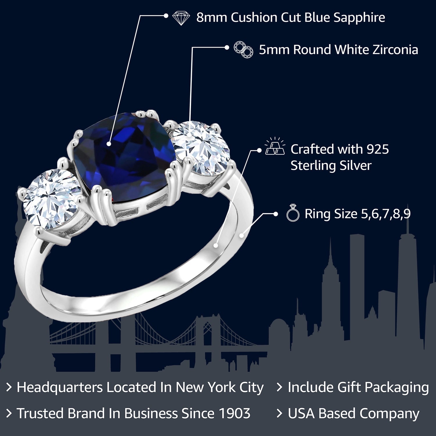 925 Sterling Silver Blue Simulated Sapphire and White Zirconia 3 Stone Engagement Ring For Women (4.00 Cttw, Gemstone September Birthstone, Cushion 8MM, Available in Size 5,6,7,8,9)