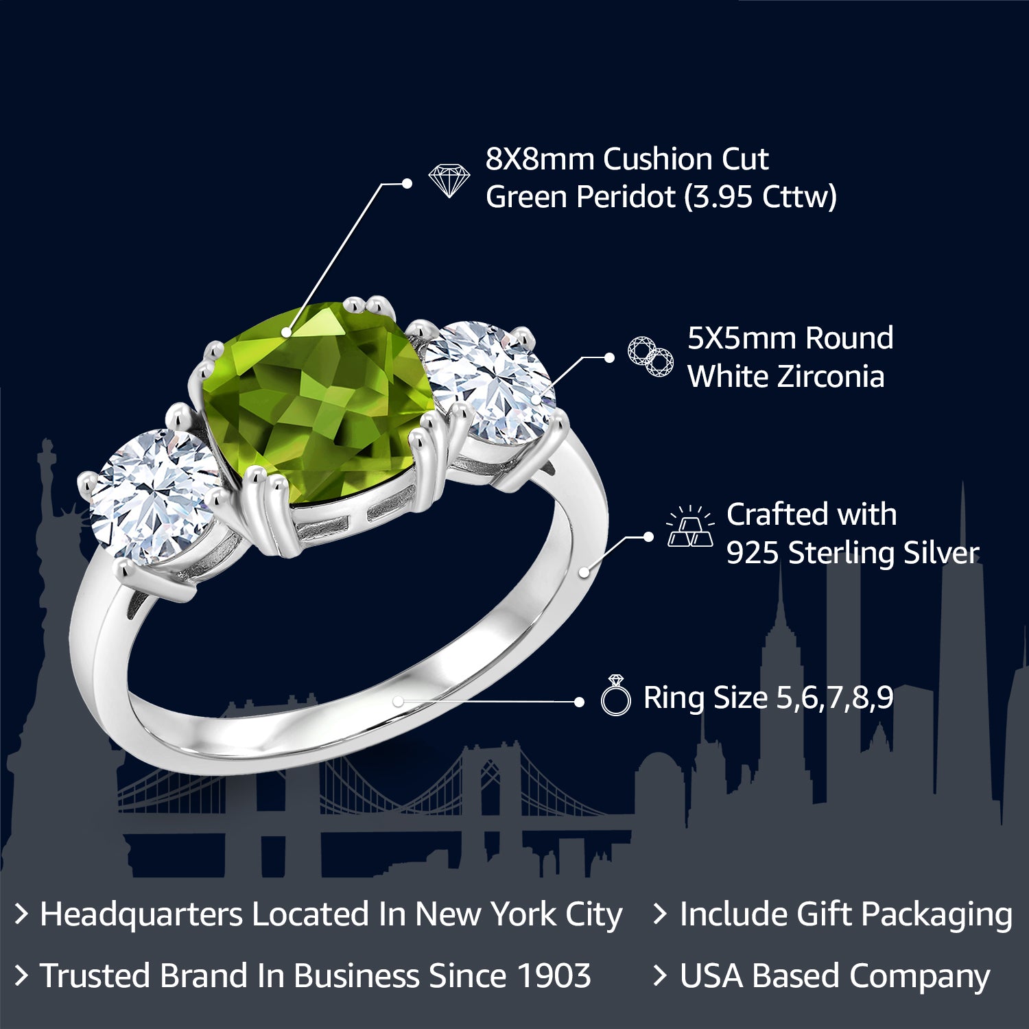 925 Sterling Silver Green Peridot and White Zirconia 3 Stone Engagement Ring For Women (3.95 Cttw, Gemstone August Birthstone, Cushion 8MM, Size 7)