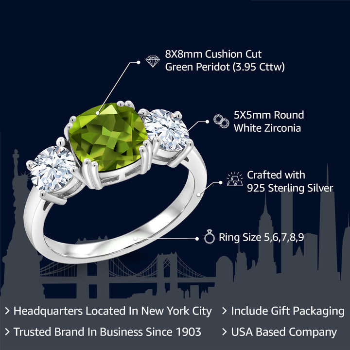 925 Sterling Silver Green Peridot and White Zirconia 3 Stone Engagement Ring For Women (3.95 Cttw, Gemstone August Birthstone, Cushion 8MM, Size 7)