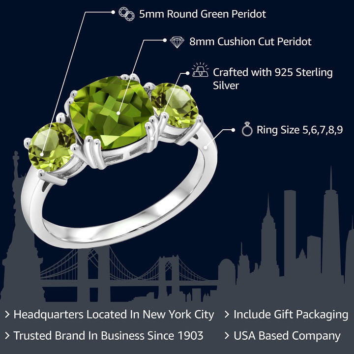 925 Sterling Silver Green Peridot 3 Stone Engagement Ring For Women (3.45 Cttw, Gemstone August Birthstone, Cushion 8MM, Available in Size 5,6,7,8,9)