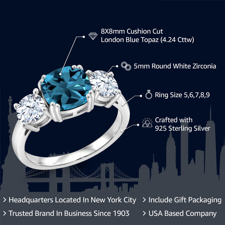 925 Sterling Silver London Blue Topaz and White Zirconia 3 Stone Engagement Ring For Women | 4.24 Cttw | Gemstone Birthstone | Cushion 8MM | Available in Size 5,6,7,8,9