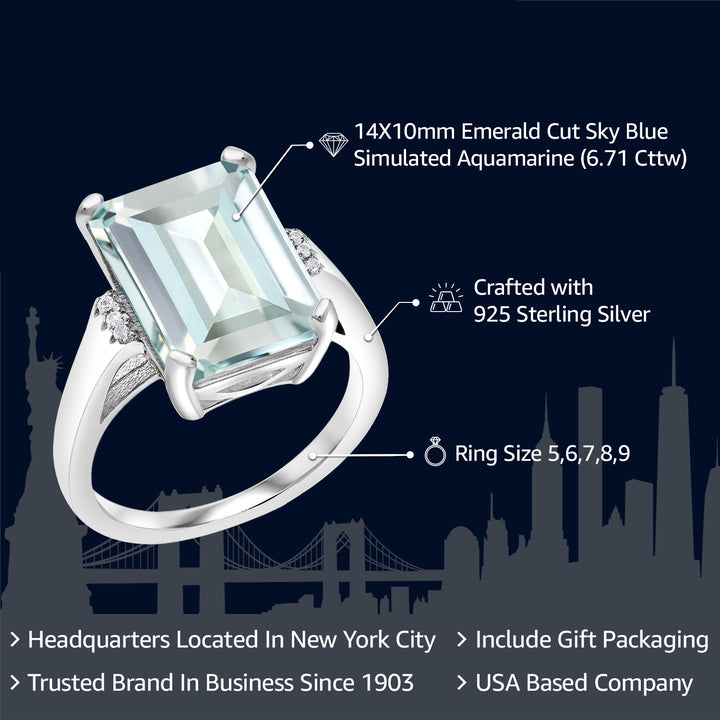 6.71 Cttw Sky Blue Simulated Aquamarine Engagement Ring For Women In 925 Sterling Silver | Emerald Cut 14X10MM | Available In Size 5, 6, 7, 8, 9