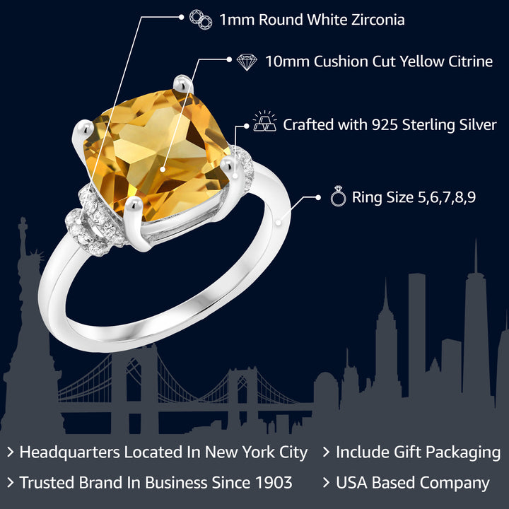 925 Sterling Silver Yellow Citrine Engagement Ring For Women (3.51 Cttw, Cushion Cut 10MM, Gemstone Birthstone, Available in size 5, 6, 7, 8, 9)