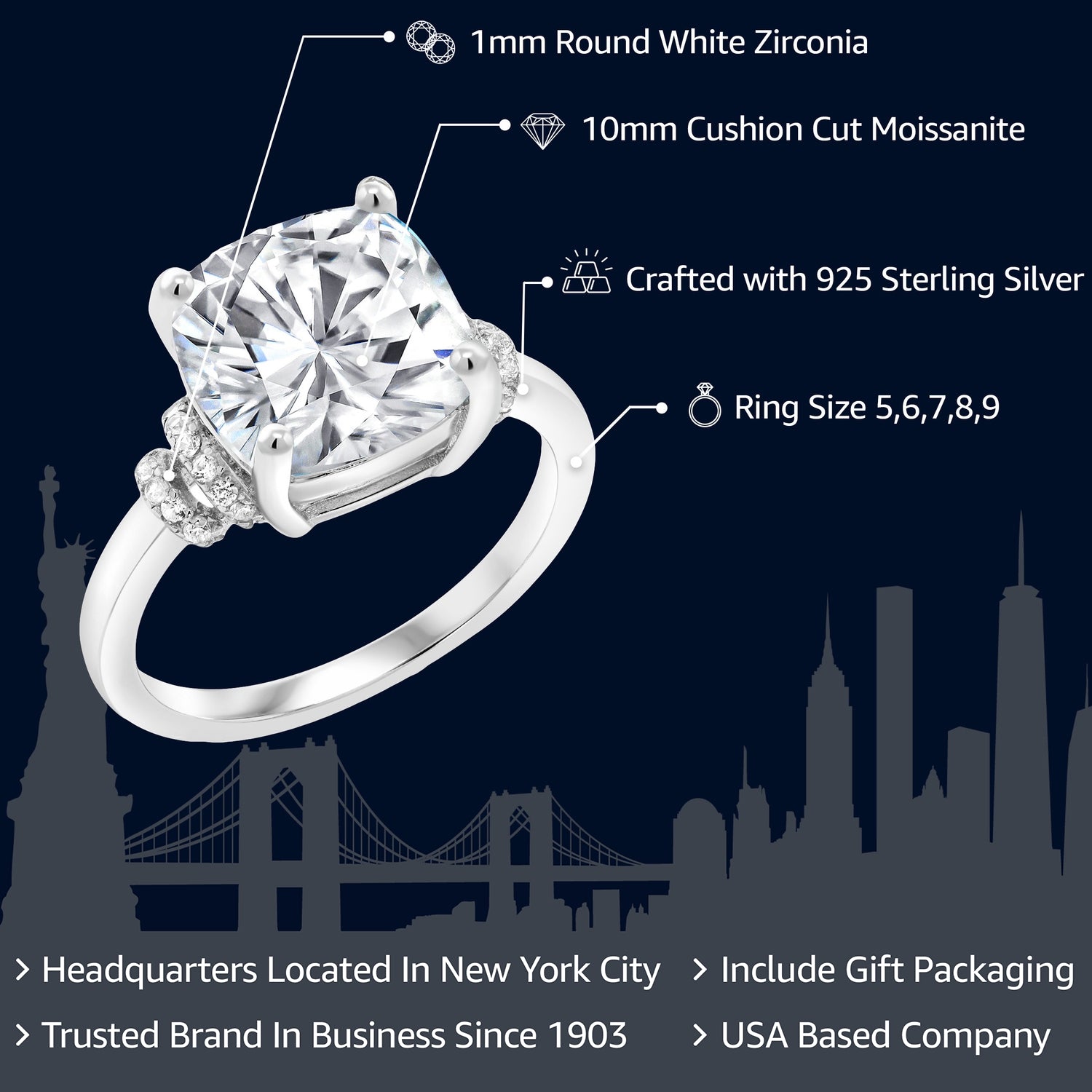 5.29 Cttw Forever Classic Moissanite from Charles & Colvard Engagement Ring For Women In 925 Sterling Silver | Cushion 10MM | Available in size 5, 6, 7, 8, 9