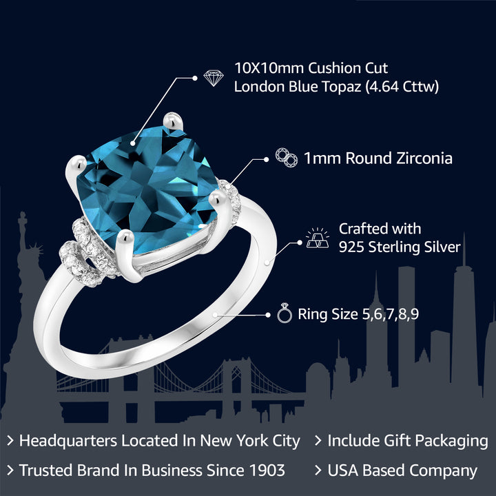 4.64 Cttw London Blue Topaz Engagement Ring For Women In 925 Sterling Silver | Cushion Cut 10MM | Gemstone Birthstone | Available in size 5, 6, 7, 8, 9