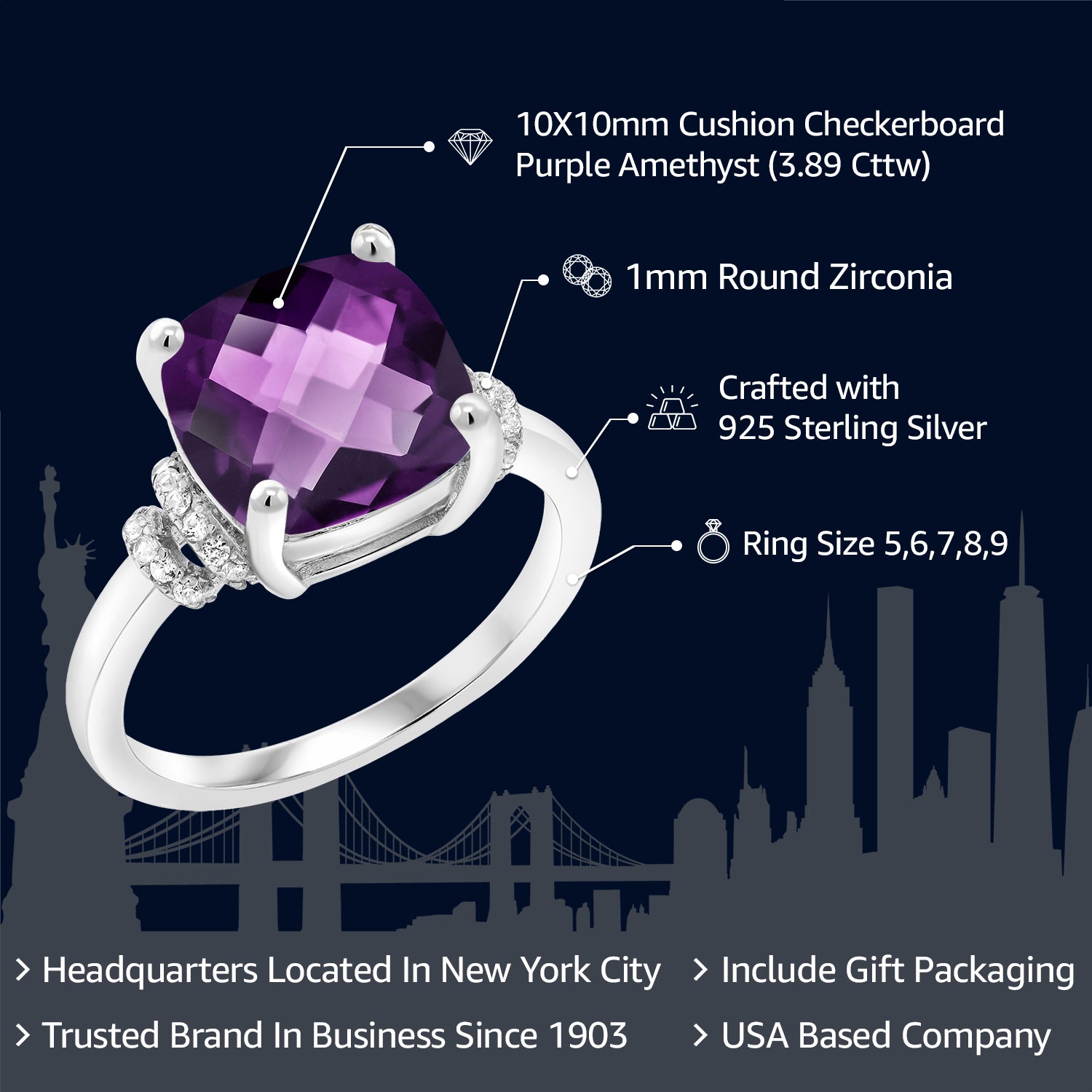 3.74 Cttw Amethyst Engagement Ring For Women In 925 Sterling Silver | Cushion Checkerboard 10MM | Gemstone Birthstone | Available In Size 5, 6, 7, 8, 9