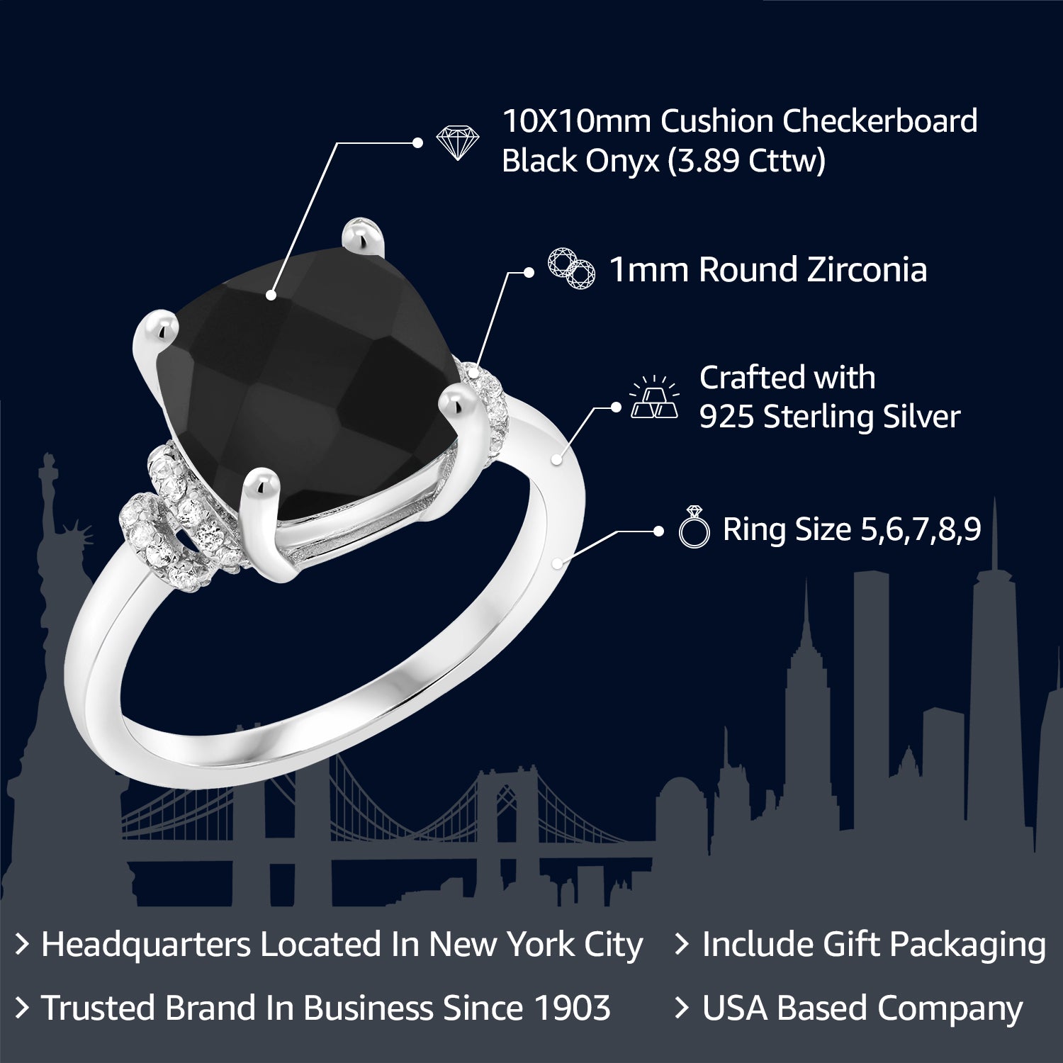 925 Sterling Silver Black Onyx Ring For Women | 3.89 Cttw | Cushion Checkerboard Cut 10MM | Gemstone Birthstone | Available in size 5, 6, 7, 8, 9