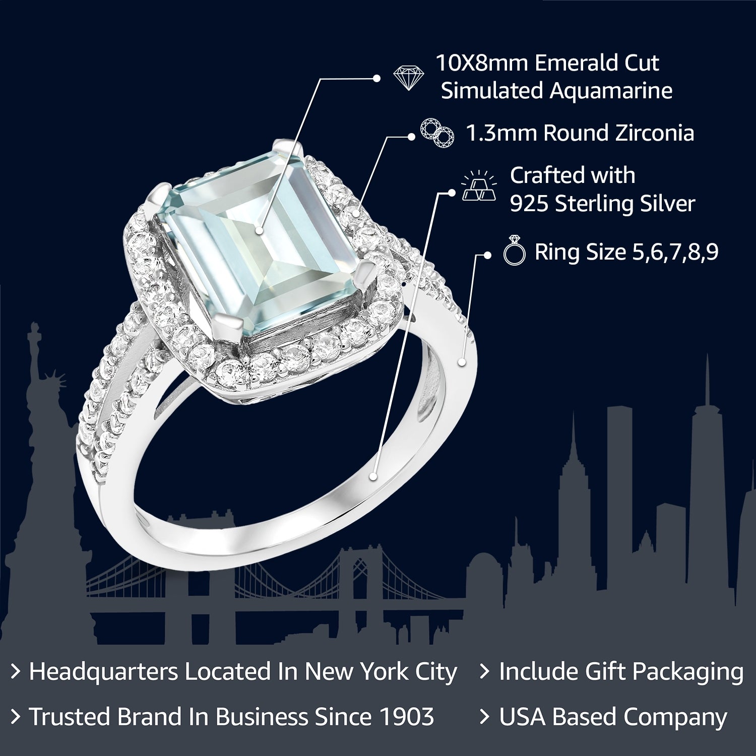 925 Sterling Silver Sky Blue Simulated Aquamarine Engagement Ring For Women (3.68 Cttw, Emerald Cut 10X8MM, Available In Size 5,6,7,8,9)