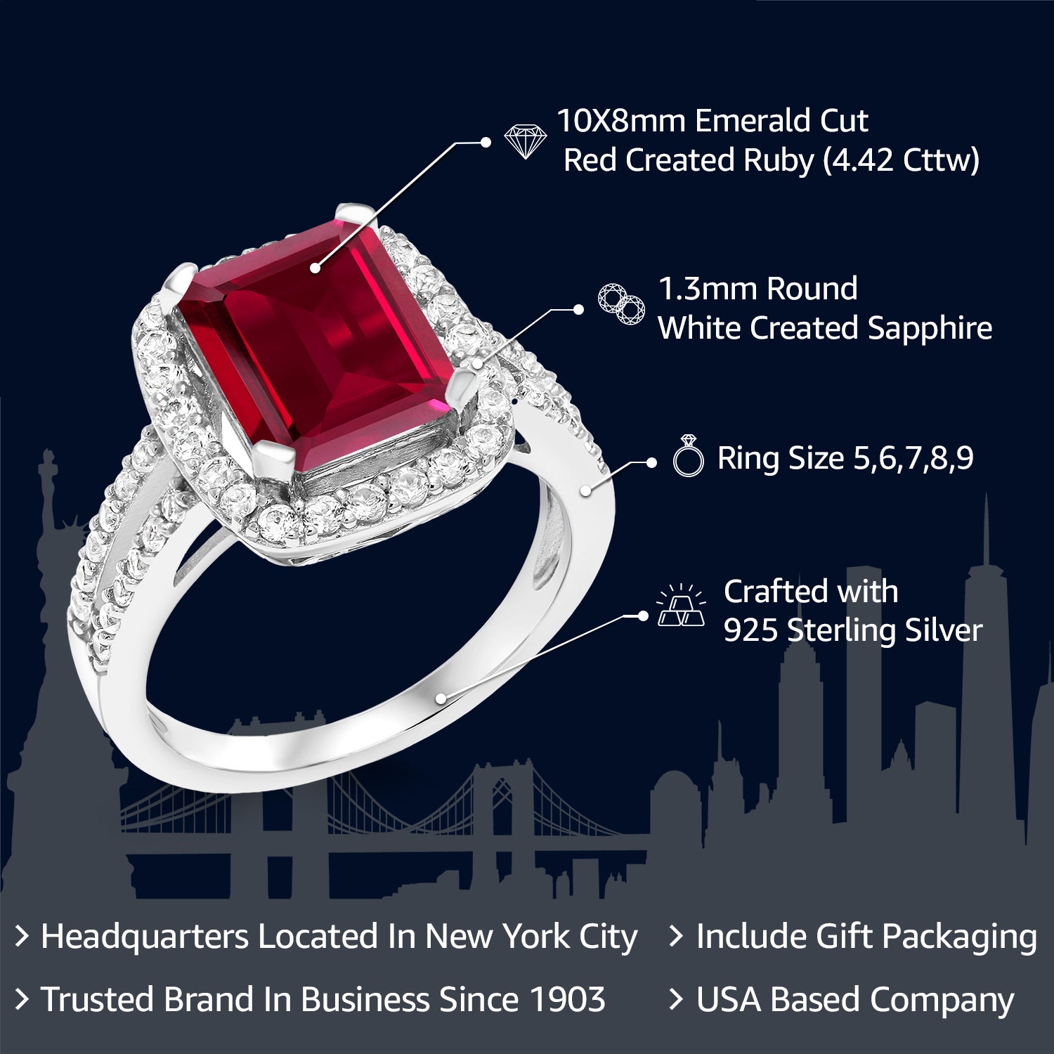 4.42 Cttw 925 Sterling Silver Red Created Ruby Ring | Engagement Ring For Women | Emerald Cut 10X8MM | Available In Size 5, 6, 7, 8, 9