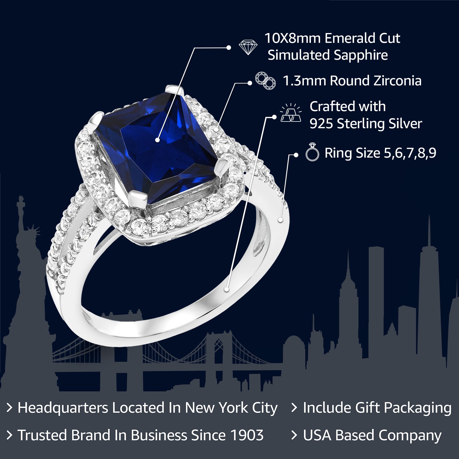 925 Sterling Silver Blue Simulated Sapphire Engagement Ring For Women (4.58 Cttw, 10X8MM Emerald Cut, Available in size 5, 6, 7, 8, 9)