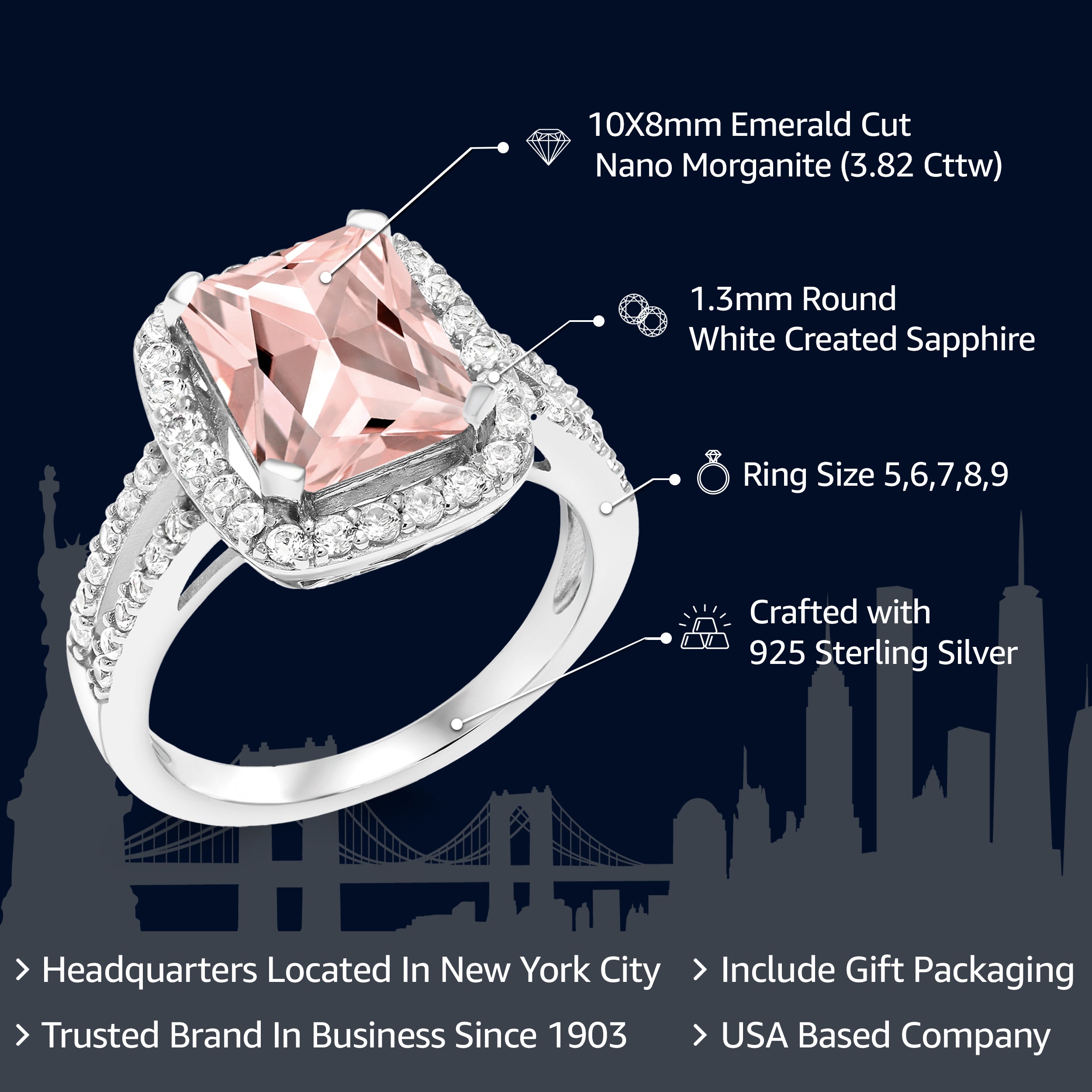 925 Sterling Silver Peach Nano Morganite Engagement Ring For Women (3.82 Cttw, Emerald Cut 10X8MM, Available In Size 5, 6, 7, 8, 9)