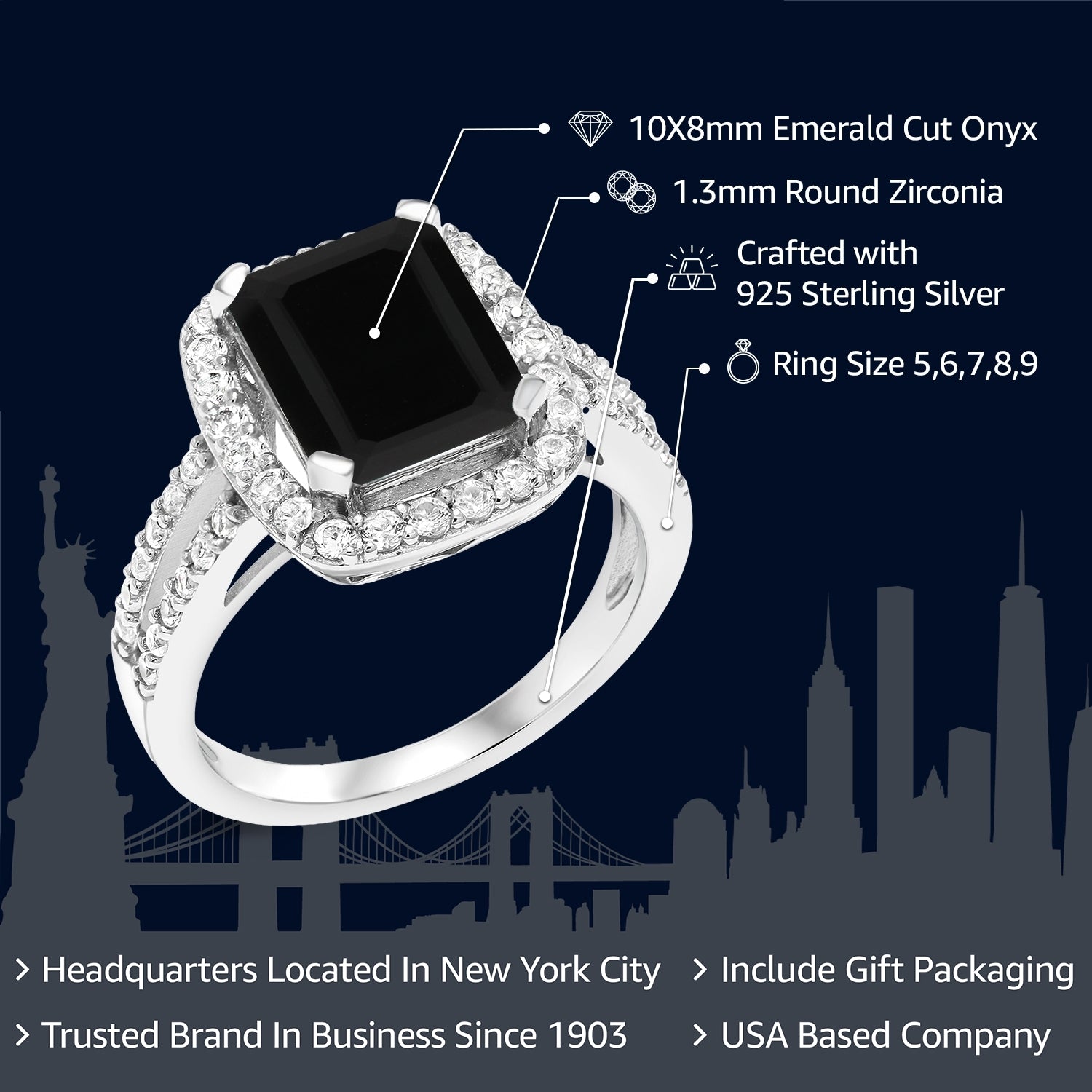 925 Sterling Silver Black Onyx Engagement Ring For Women (3.75 Cttw, Emerald Cut 10X8MM, Gemstone Birthstone, Available in size 5, 6, 7, 8, 9)