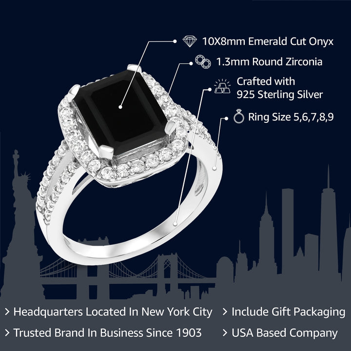 925 Sterling Silver Black Onyx Engagement Ring For Women (3.75 Cttw, Emerald Cut 10X8MM, Gemstone Birthstone, Available in size 5, 6, 7, 8, 9)