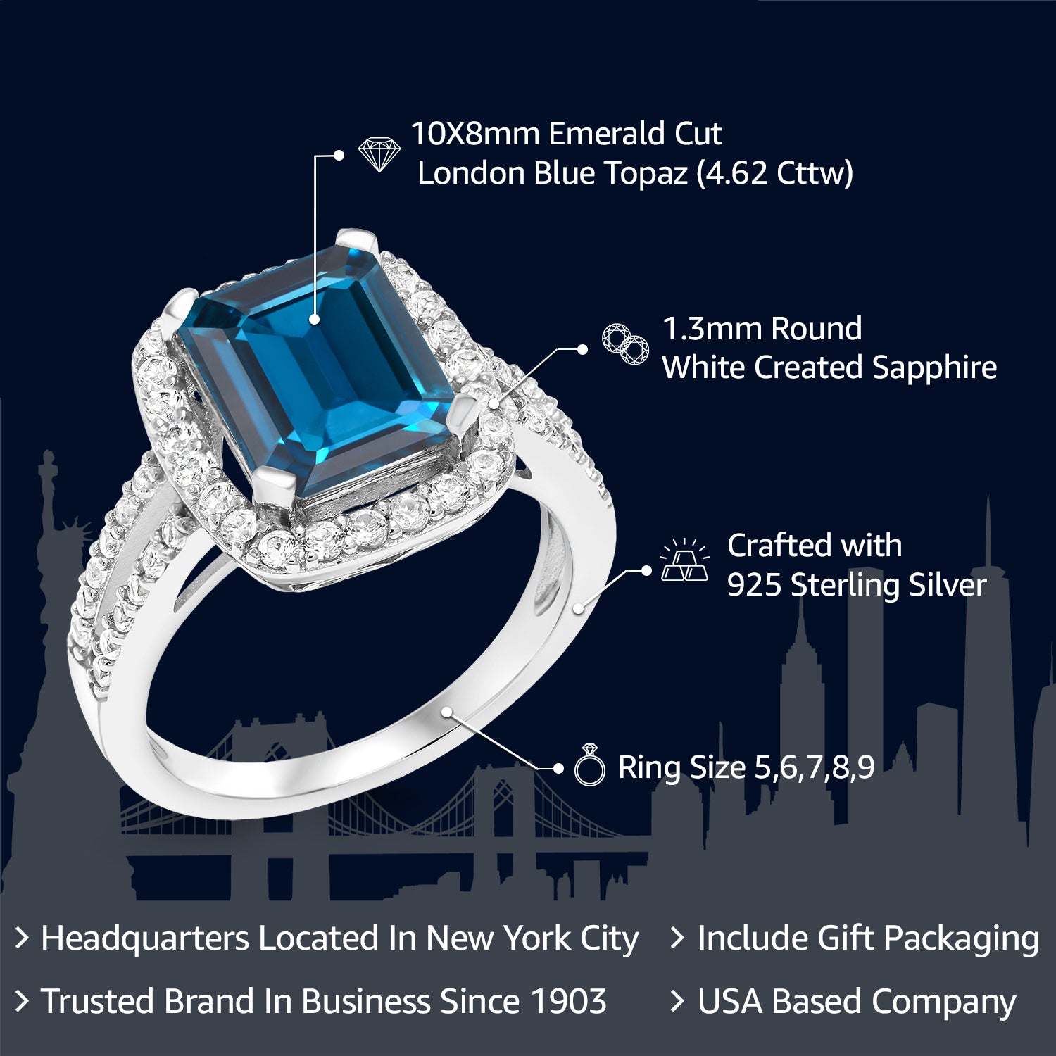 925 Sterling Silver London Blue Topaz Ring | Emerald Cut 10X8MM Engagement Ring For Women | 4.62 Cttw | Gemstone Birthstone | Available In Size 5, 6, 7, 8, 9