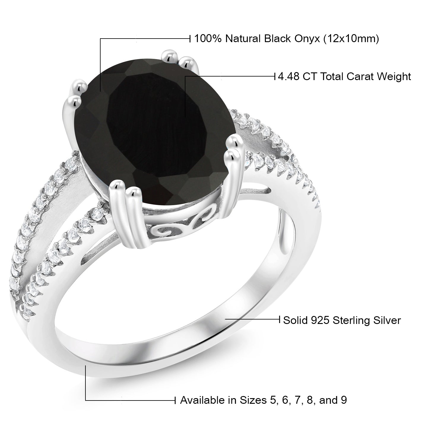 925 Sterling Silver Black Onyx Ring For Women (4.48 Cttw, Oval 12X10MM, Gemstone December Birthstone, Available In Size 5, 6, 7, 8, 9)