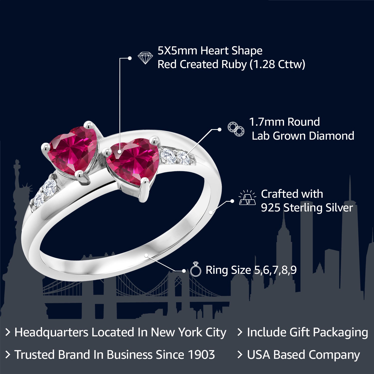 925 Sterling Silver Red Created Ruby and Lab Grown Diamond Ring For Women (1.28 Cttw, Heart Shape 5MM, Available in size 5, 6, 7, 8, 9)