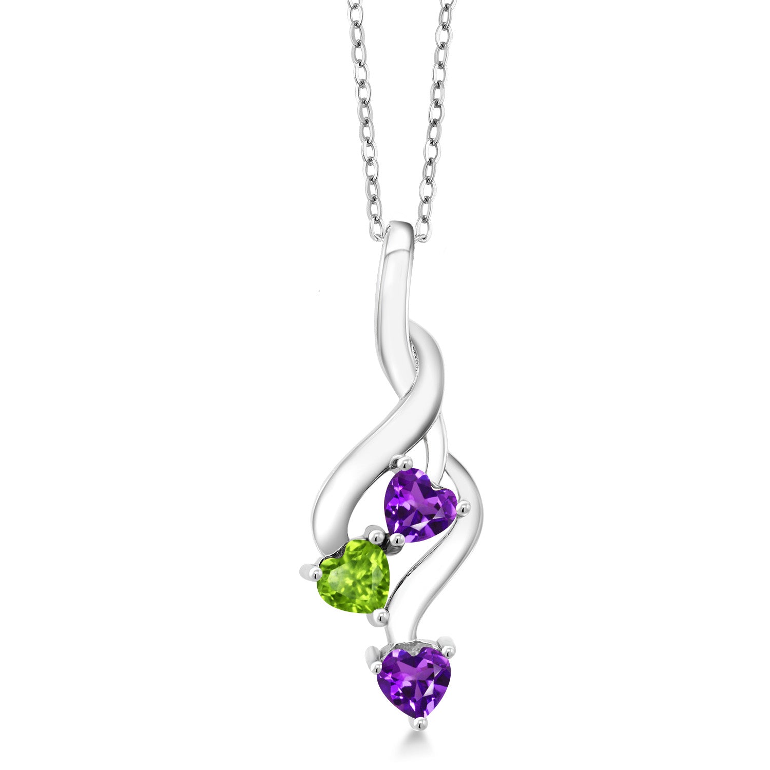 925 Sterling Silver Purple Amethyst and Green Peridot Pendant Necklace For Women (0.73 Cttw, Gemstone February Birthstone, Heart Shape 4MM, with 18 Inch Silver Chain)