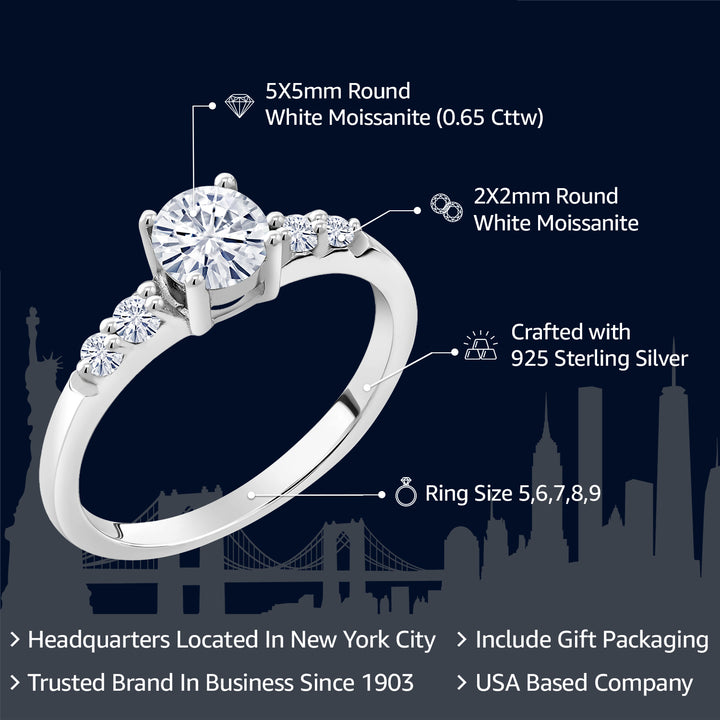 925 Sterling Silver White Moissanite Engagement Ring For Women (0.65 Cttw, Round 5MM, Gemstone Birthstone, Available in Size 5,6,7,8,9)