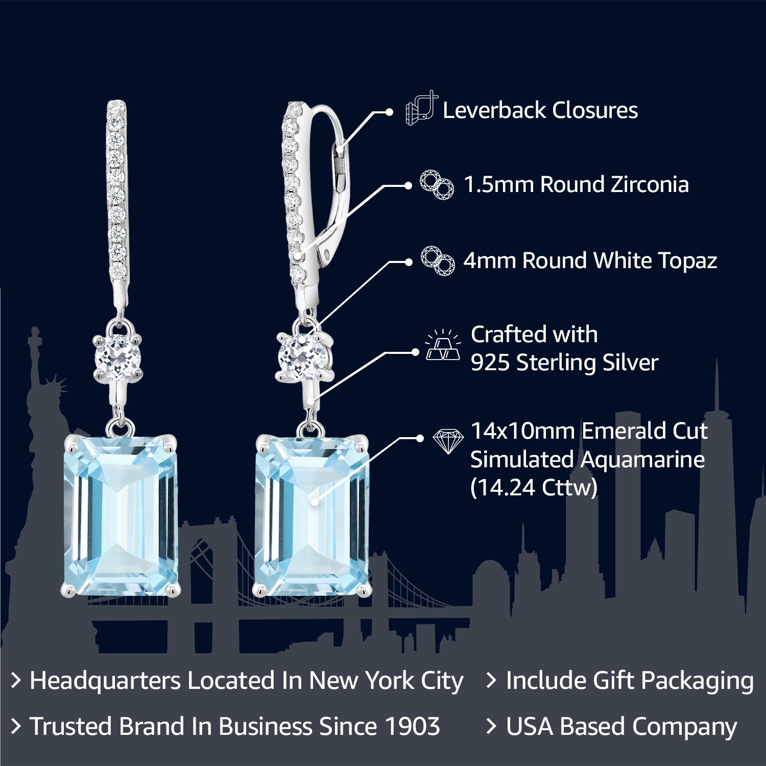 925 Sterling Silver Sky Blue Simulated Aquamarine Earrings | Gemstone Birthstone | Drop Dangle Earrings For Women | 14.24 Cttw | Emerald Cut 14X10MM