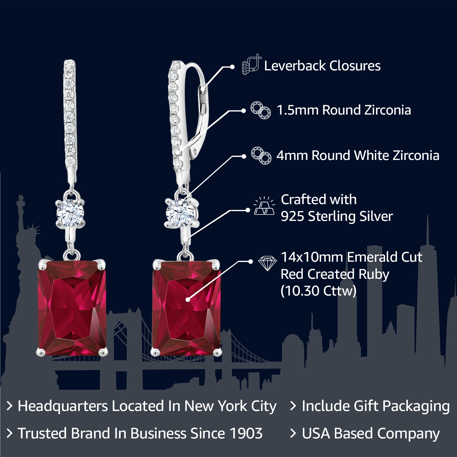 925 Sterling Silver Red Created Ruby Dangle Earrings For Women (10.30 Cttw, Emerald Cut 14X10MM)