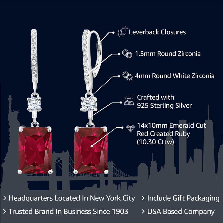 925 Sterling Silver Red Created Ruby Dangle Earrings For Women (10.30 Cttw, Emerald Cut 14X10MM)