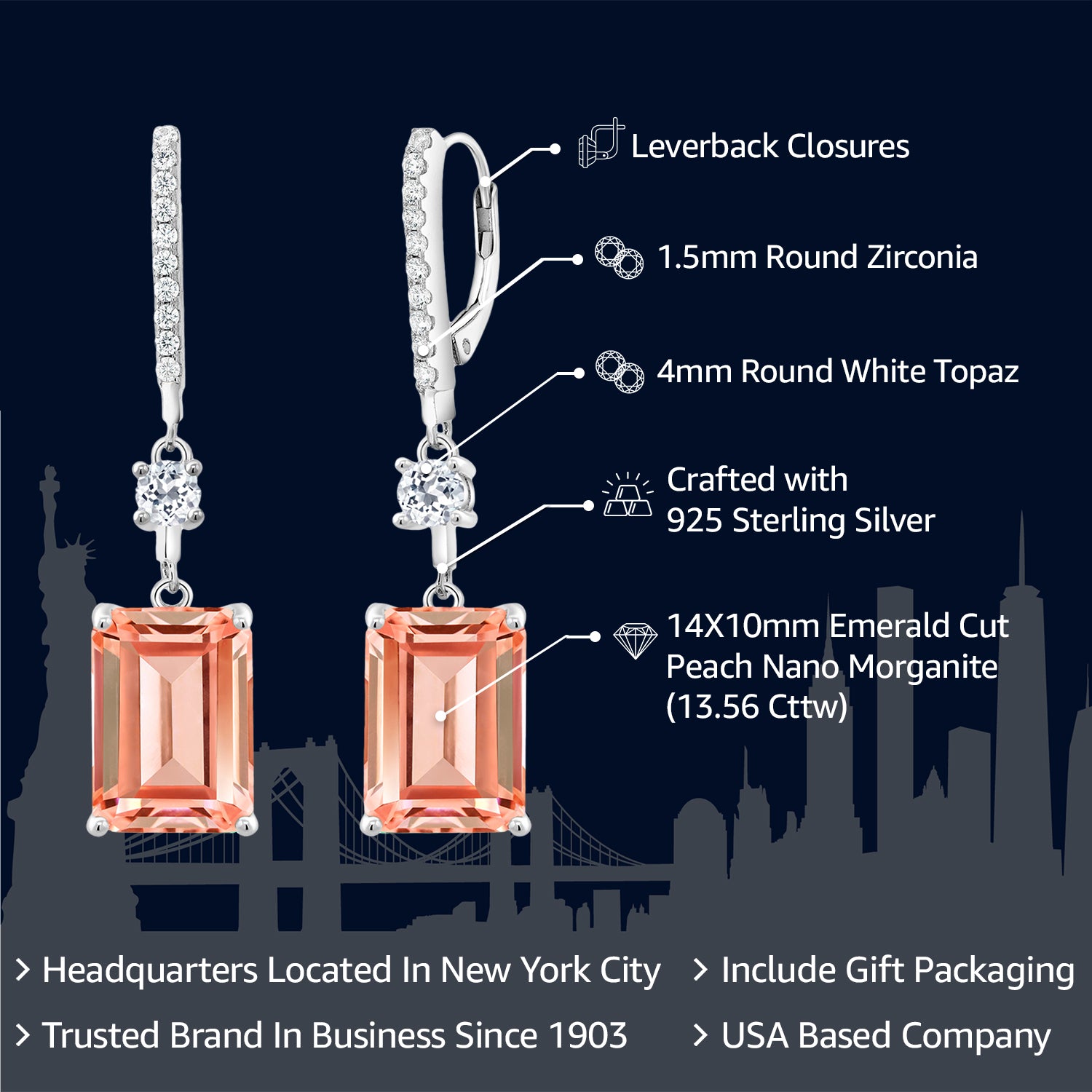 925 Sterling Silver Peach Nano Morganite and White Topaz Dangle Earrings For Women (13.56 Cttw, Emerald Cut 14X10MM)