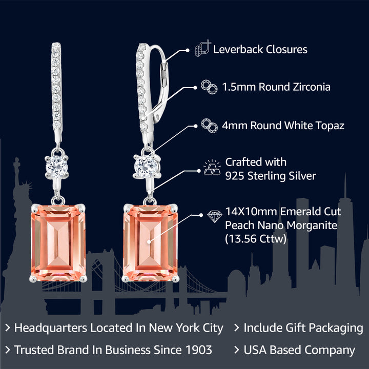 925 Sterling Silver Peach Nano Morganite and White Topaz Dangle Earrings For Women (13.56 Cttw, Emerald Cut 14X10MM)