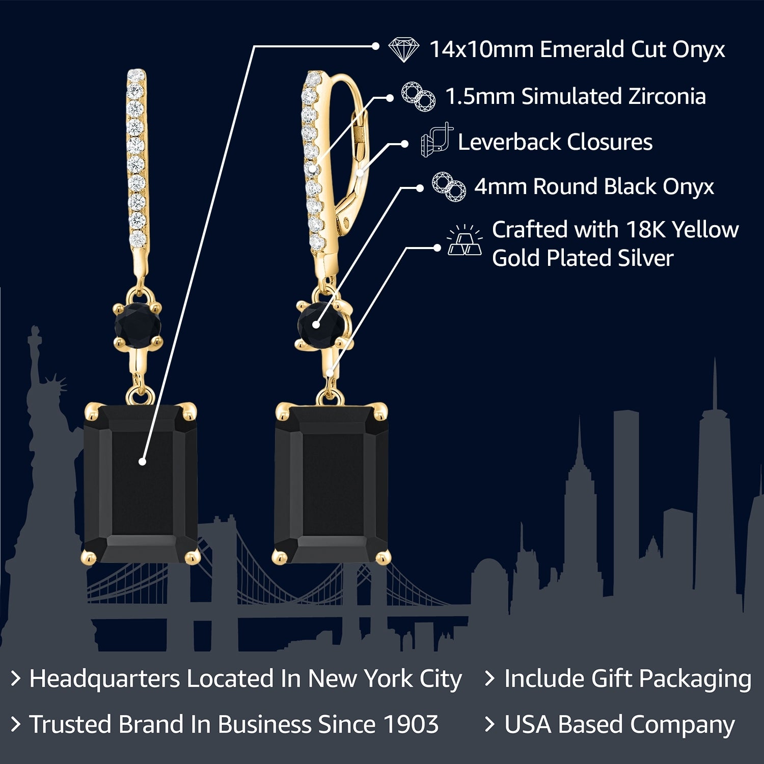 18K Yellow Gold Plated Silver Black Onyx Earrings For Women (13.94 Cttw, Gemstone Birthstone, Emerald Cut 14X10MM)