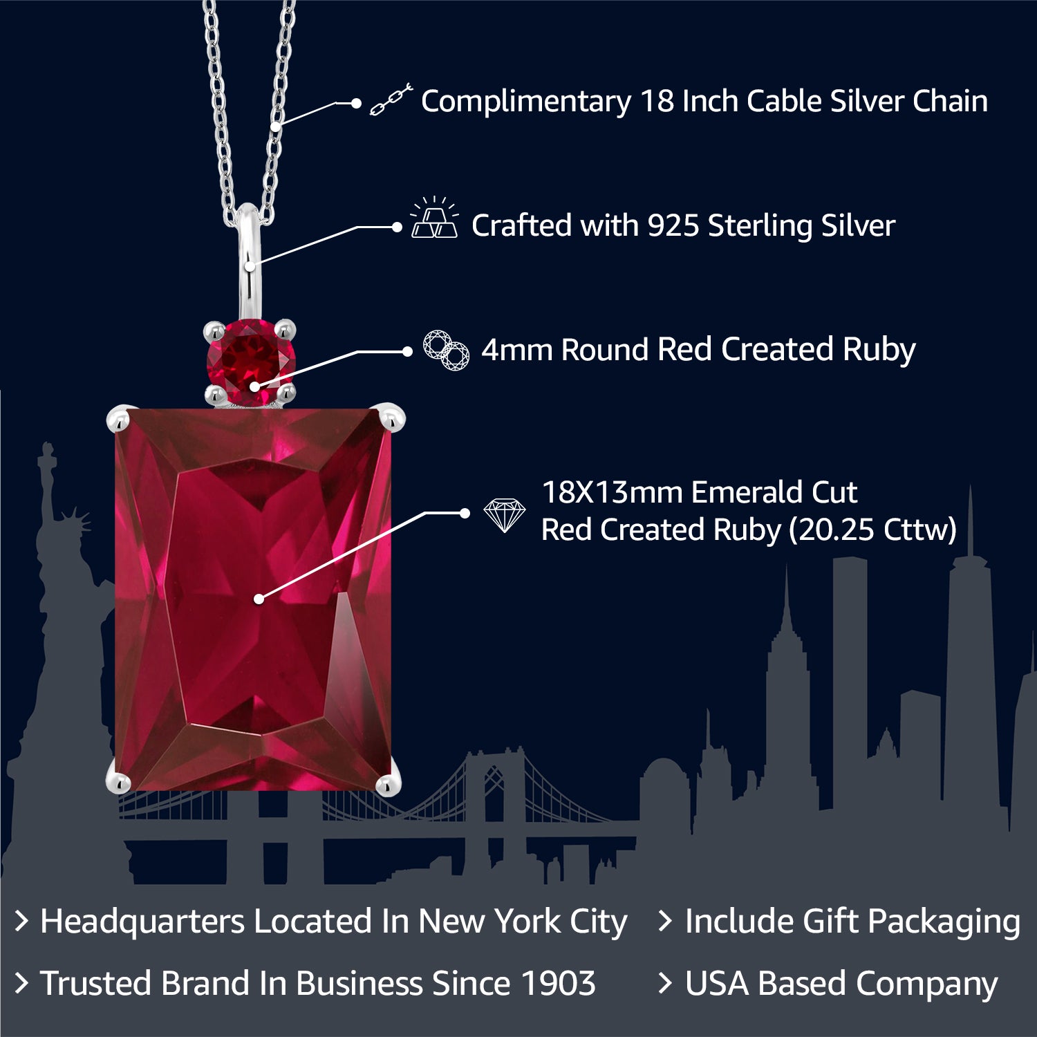 925 Sterling Silver Red Created Ruby Necklace | Emerald Cut 18X13MM Pendant Necklace for Women | 20.25 Cttw | With 18 Inch Silver Chain