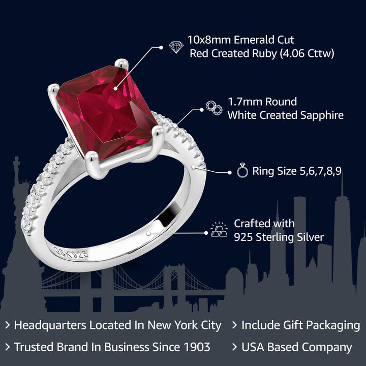 925 Sterling Silver Red Created Ruby and White Created Sapphire Ring For Women (4.06 Cttw, Emerald Cut 10X8MM, Available In Size 5, 6, 7, 8, 9)